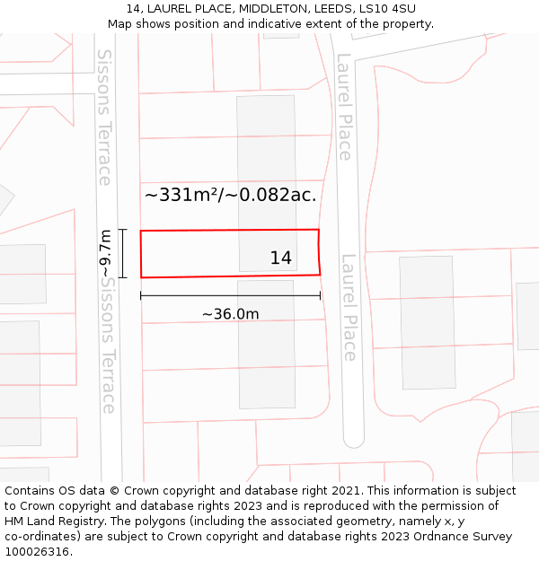 14, LAUREL PLACE, MIDDLETON, LEEDS, LS10 4SU: Plot and title map