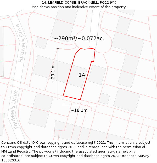 14, LEAFIELD COPSE, BRACKNELL, RG12 9YX: Plot and title map