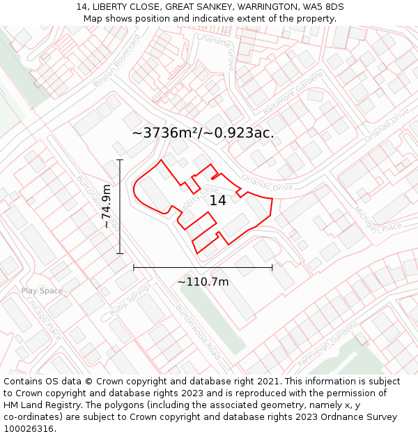 14, LIBERTY CLOSE, GREAT SANKEY, WARRINGTON, WA5 8DS: Plot and title map