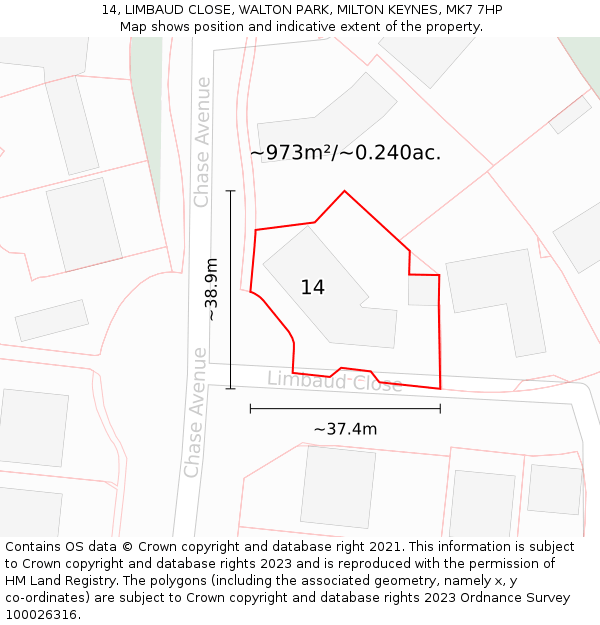 14, LIMBAUD CLOSE, WALTON PARK, MILTON KEYNES, MK7 7HP: Plot and title map