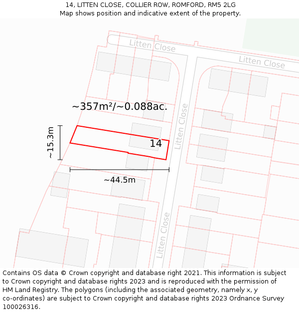 14, LITTEN CLOSE, COLLIER ROW, ROMFORD, RM5 2LG: Plot and title map