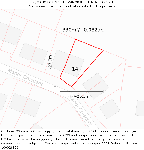 14, MANOR CRESCENT, MANORBIER, TENBY, SA70 7TL: Plot and title map