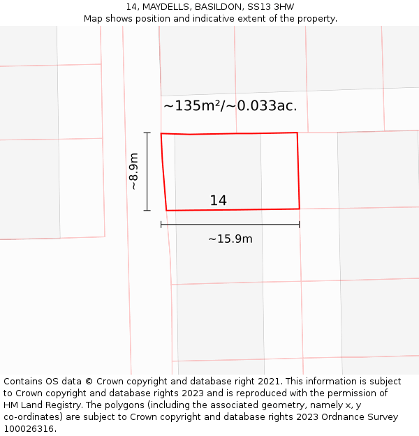 14, MAYDELLS, BASILDON, SS13 3HW: Plot and title map