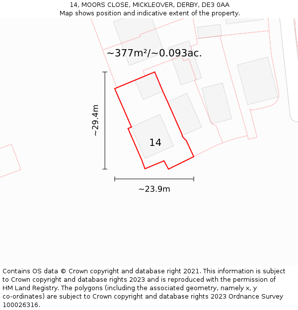 14, MOORS CLOSE, MICKLEOVER, DERBY, DE3 0AA: Plot and title map