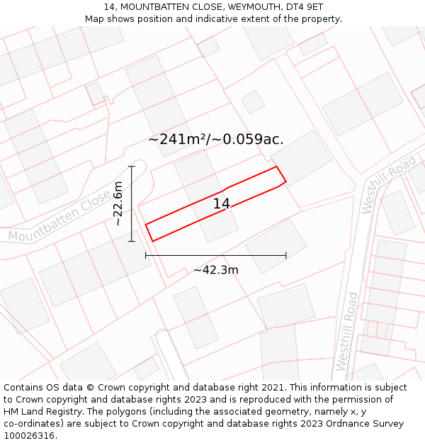 14, MOUNTBATTEN CLOSE, WEYMOUTH, DT4 9ET: Plot and title map