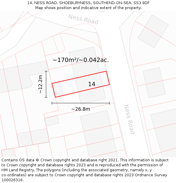 14, NESS ROAD, SHOEBURYNESS, SOUTHEND-ON-SEA, SS3 9DF: Plot and title map