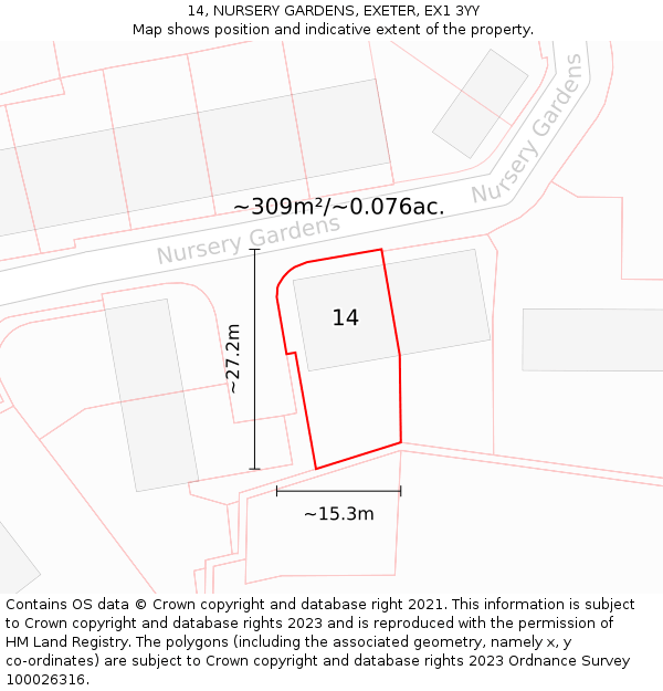14, NURSERY GARDENS, EXETER, EX1 3YY: Plot and title map