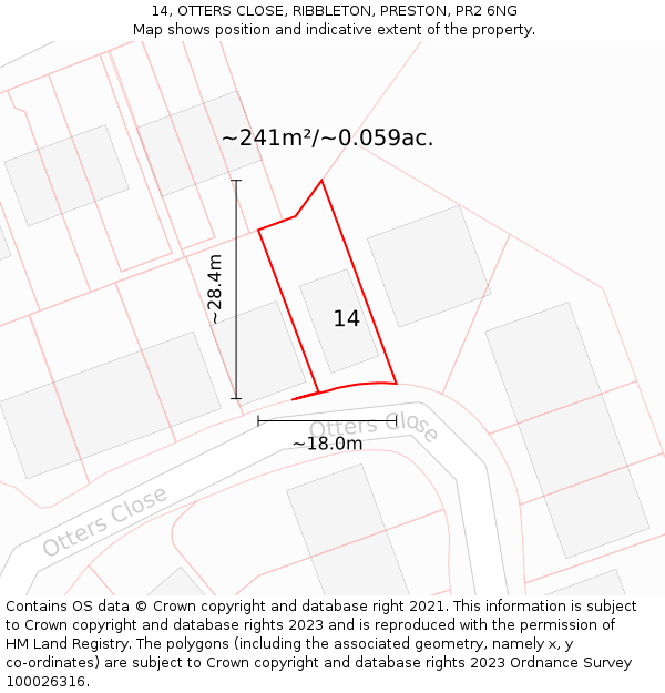 14, OTTERS CLOSE, RIBBLETON, PRESTON, PR2 6NG: Plot and title map
