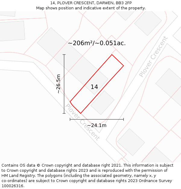 14, PLOVER CRESCENT, DARWEN, BB3 2FP: Plot and title map