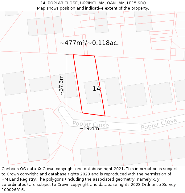 14, POPLAR CLOSE, UPPINGHAM, OAKHAM, LE15 9RQ: Plot and title map