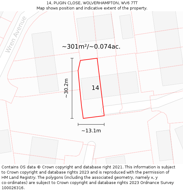 14, PUGIN CLOSE, WOLVERHAMPTON, WV6 7TT: Plot and title map