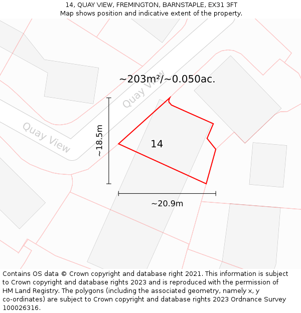 14, QUAY VIEW, FREMINGTON, BARNSTAPLE, EX31 3FT: Plot and title map