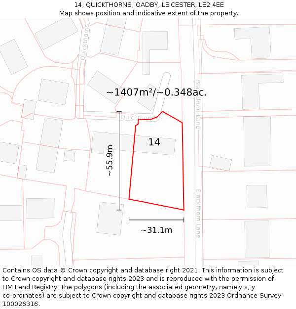 14, QUICKTHORNS, OADBY, LEICESTER, LE2 4EE: Plot and title map