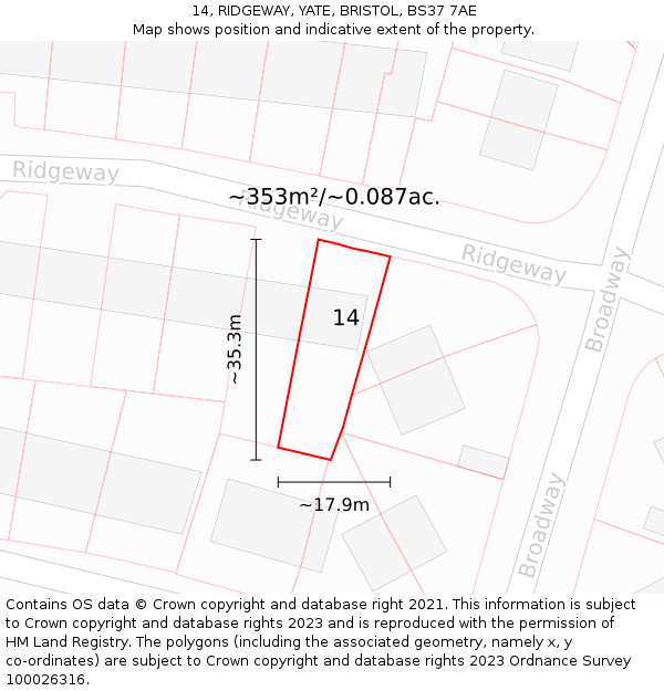 14, RIDGEWAY, YATE, BRISTOL, BS37 7AE: Plot and title map