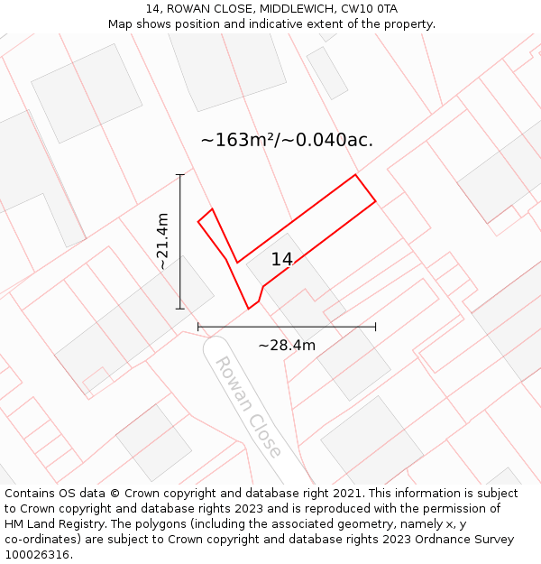 14, ROWAN CLOSE, MIDDLEWICH, CW10 0TA: Plot and title map