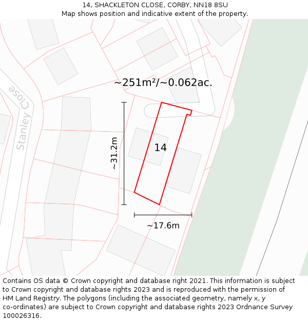 14, SHACKLETON CLOSE, CORBY, NN18 8SU: Plot and title map