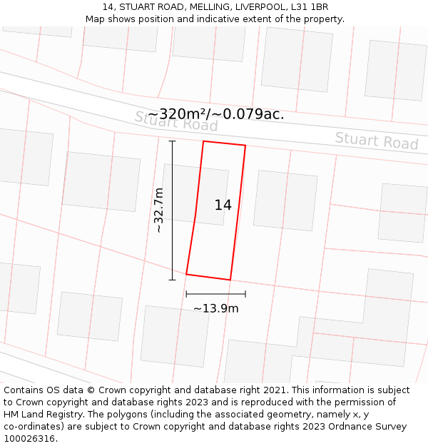 14, STUART ROAD, MELLING, LIVERPOOL, L31 1BR: Plot and title map