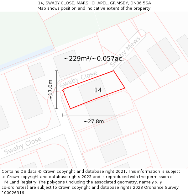 14, SWABY CLOSE, MARSHCHAPEL, GRIMSBY, DN36 5SA: Plot and title map