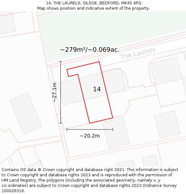 14, THE LAURELS, SILSOE, BEDFORD, MK45 4PQ: Plot and title map