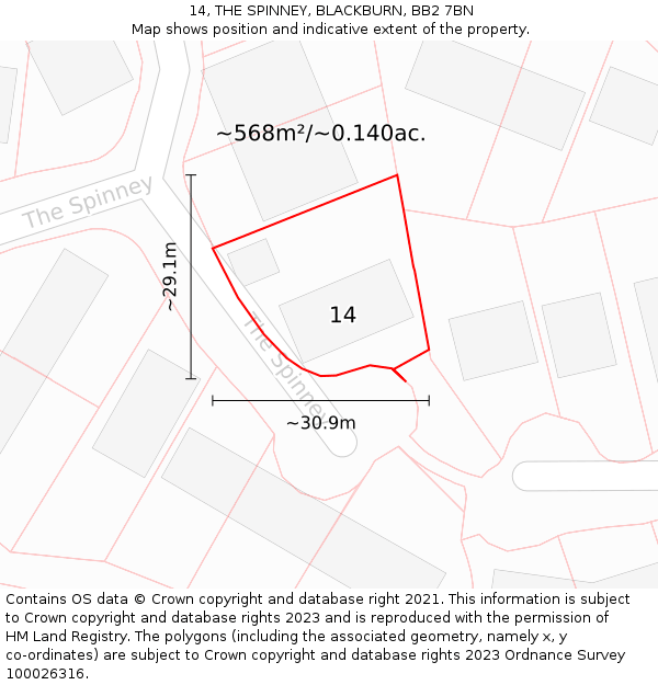 14, THE SPINNEY, BLACKBURN, BB2 7BN: Plot and title map