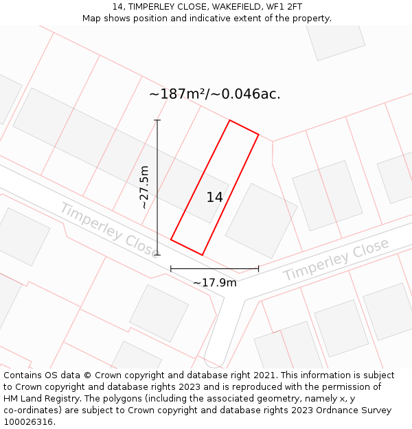 14, TIMPERLEY CLOSE, WAKEFIELD, WF1 2FT: Plot and title map