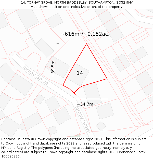 14, TORNAY GROVE, NORTH BADDESLEY, SOUTHAMPTON, SO52 9NY: Plot and title map