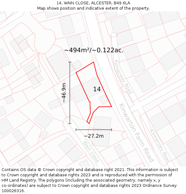 14, WAIN CLOSE, ALCESTER, B49 6LA: Plot and title map