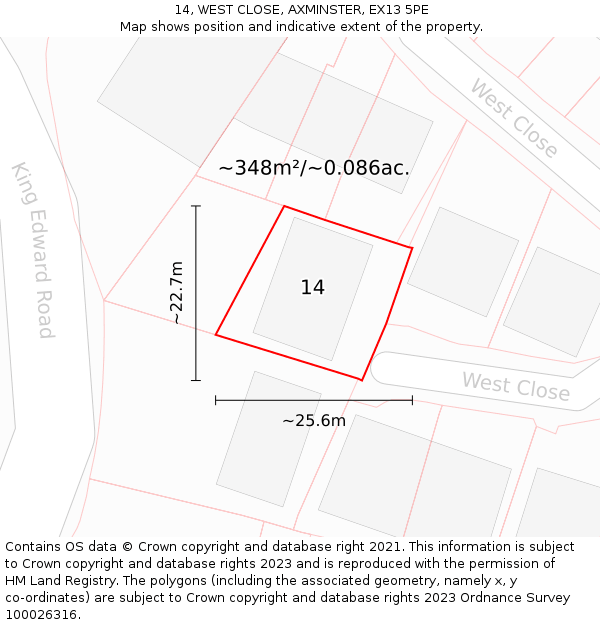 14, WEST CLOSE, AXMINSTER, EX13 5PE: Plot and title map