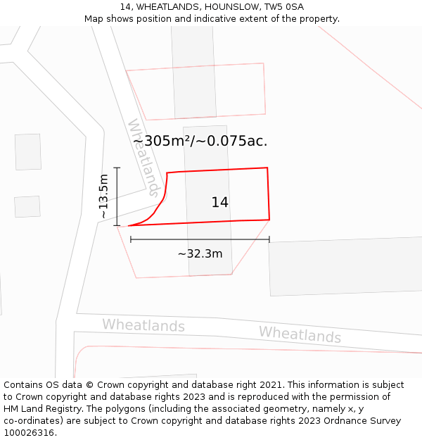 14, WHEATLANDS, HOUNSLOW, TW5 0SA: Plot and title map