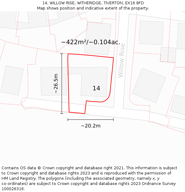 14, WILLOW RISE, WITHERIDGE, TIVERTON, EX16 8FD: Plot and title map