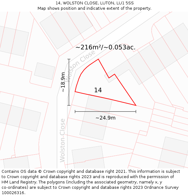 14, WOLSTON CLOSE, LUTON, LU1 5SS: Plot and title map