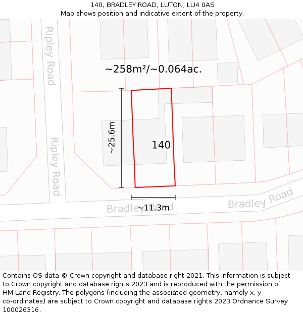 140, BRADLEY ROAD, LUTON, LU4 0AS: Plot and title map