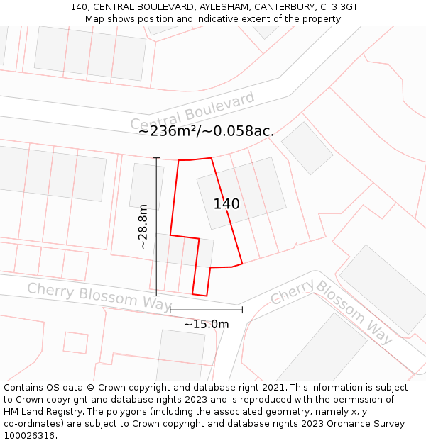 140, CENTRAL BOULEVARD, AYLESHAM, CANTERBURY, CT3 3GT: Plot and title map