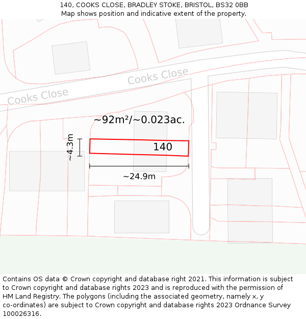 140, COOKS CLOSE, BRADLEY STOKE, BRISTOL, BS32 0BB: Plot and title map