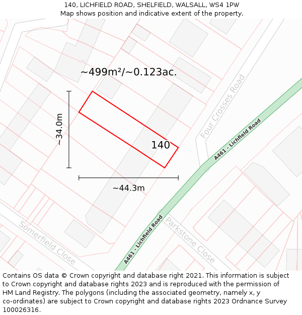 140, LICHFIELD ROAD, SHELFIELD, WALSALL, WS4 1PW: Plot and title map