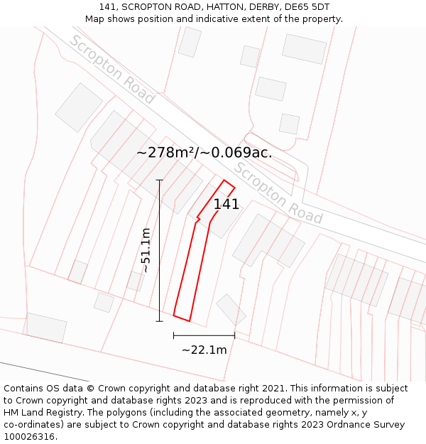 141, SCROPTON ROAD, HATTON, DERBY, DE65 5DT: Plot and title map