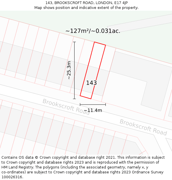143, BROOKSCROFT ROAD, LONDON, E17 4JP: Plot and title map