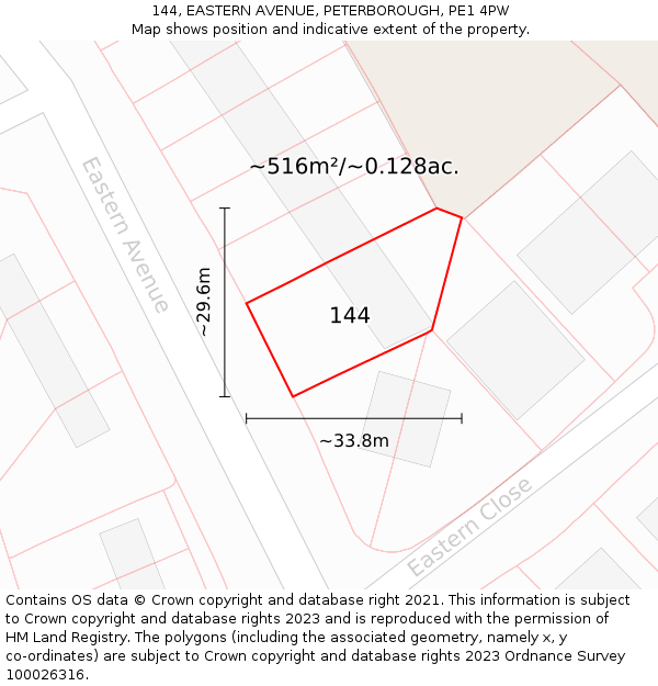 144, EASTERN AVENUE, PETERBOROUGH, PE1 4PW: Plot and title map