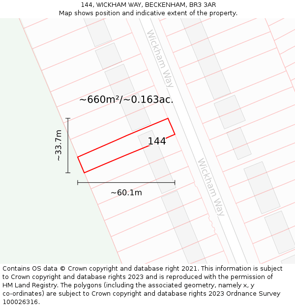 144, WICKHAM WAY, BECKENHAM, BR3 3AR: Plot and title map