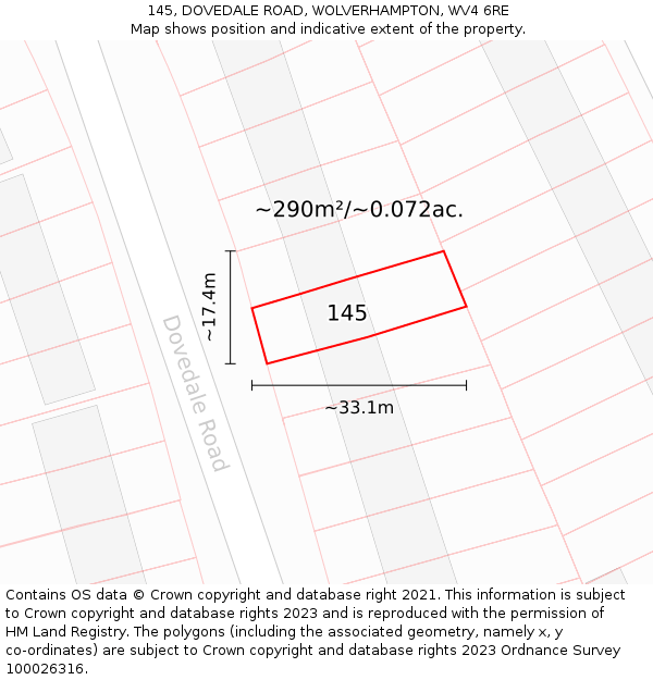 145, DOVEDALE ROAD, WOLVERHAMPTON, WV4 6RE: Plot and title map