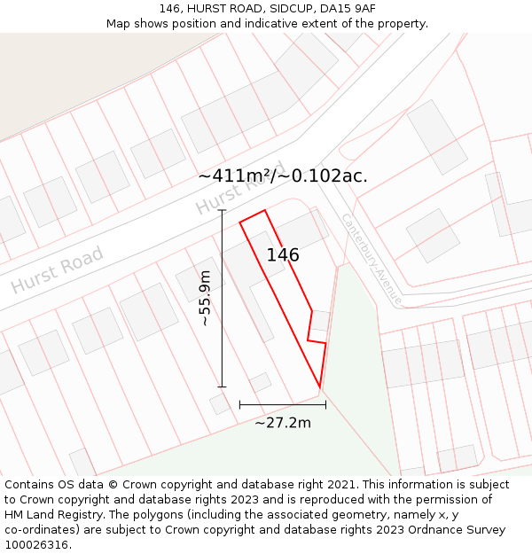 146, HURST ROAD, SIDCUP, DA15 9AF: Plot and title map