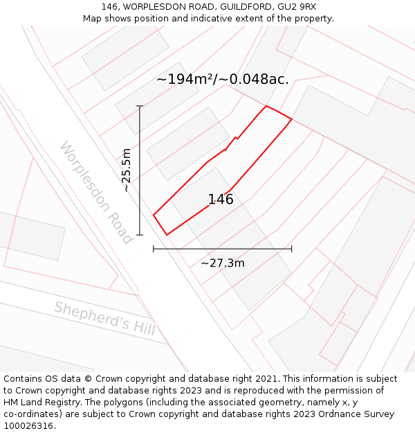 146, WORPLESDON ROAD, GUILDFORD, GU2 9RX: Plot and title map