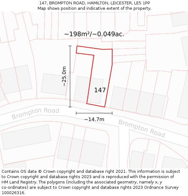 147, BROMPTON ROAD, HAMILTON, LEICESTER, LE5 1PP: Plot and title map