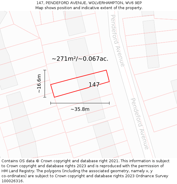 147, PENDEFORD AVENUE, WOLVERHAMPTON, WV6 9EP: Plot and title map