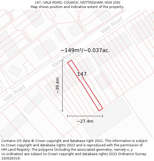 147, VALE ROAD, COLWICK, NOTTINGHAM, NG4 2GN: Plot and title map