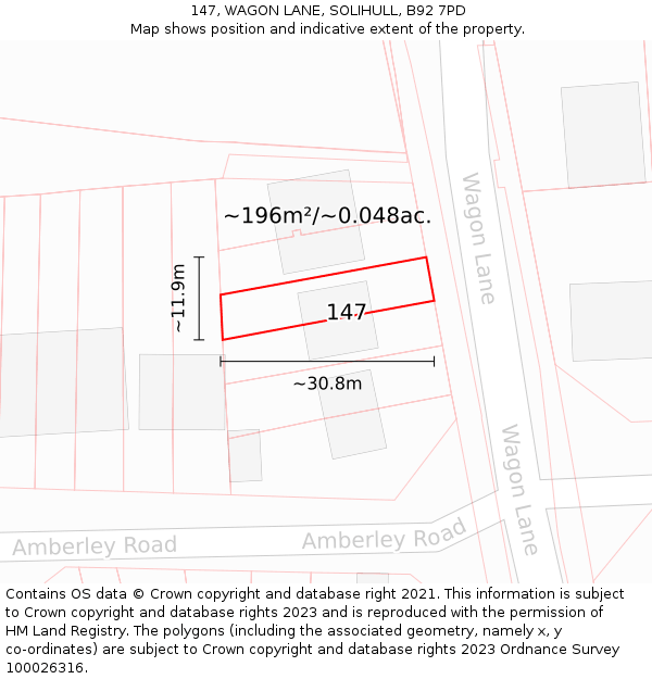 147, WAGON LANE, SOLIHULL, B92 7PD: Plot and title map