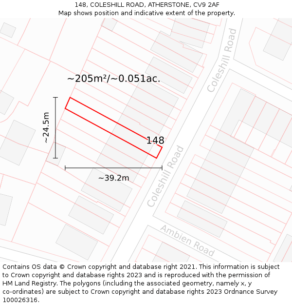 148, COLESHILL ROAD, ATHERSTONE, CV9 2AF: Plot and title map