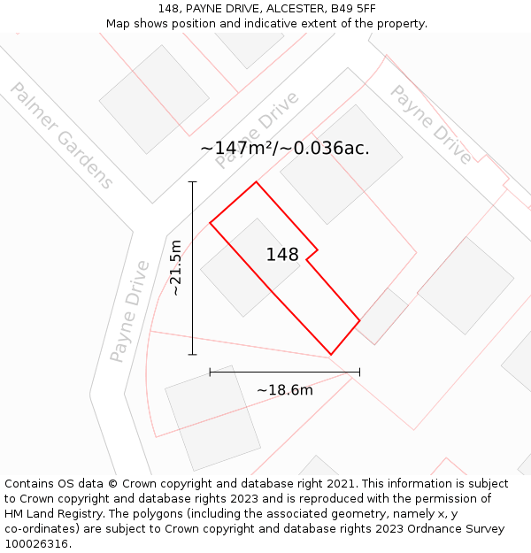 148, PAYNE DRIVE, ALCESTER, B49 5FF: Plot and title map