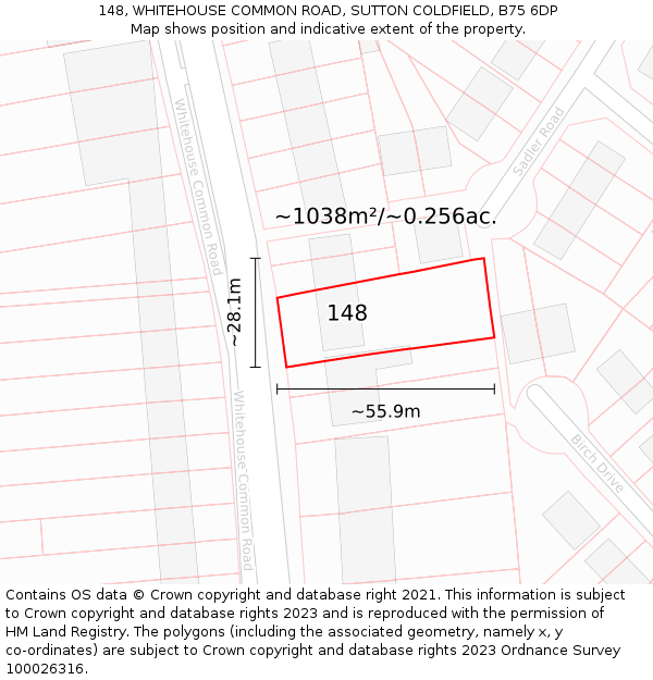 148, WHITEHOUSE COMMON ROAD, SUTTON COLDFIELD, B75 6DP: Plot and title map