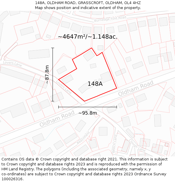 148A, OLDHAM ROAD, GRASSCROFT, OLDHAM, OL4 4HZ: Plot and title map